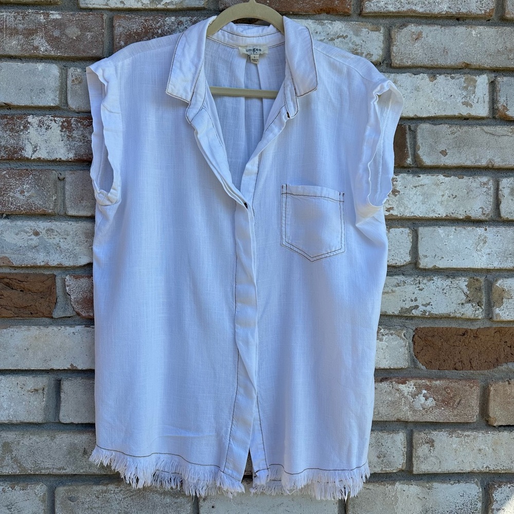 Umgee White Blouse with Tan Stitching